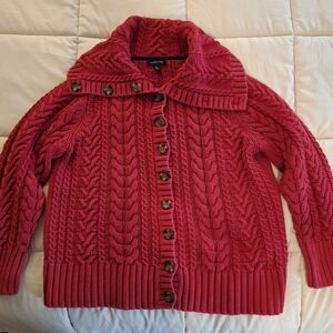 Lands' End Red Cable Knit Cardigan Sweater